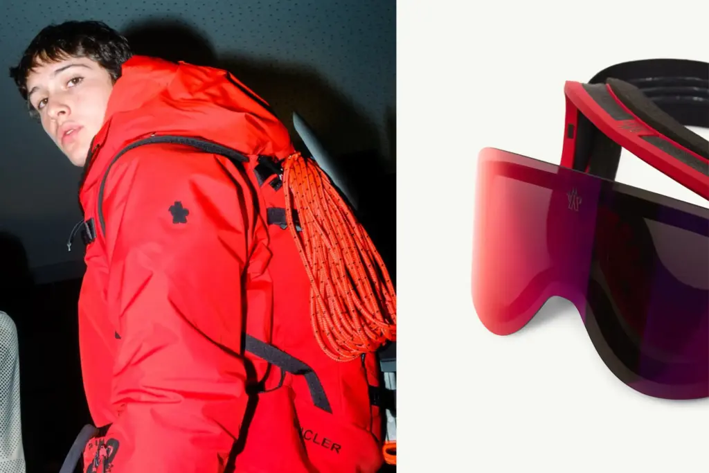 Soldaki görselde üzerinde Moncler kayak koleksiyonundan kırmızı kayak montu giyen ve kameraya bakan erkek bir model sağdaki görselde Moncler kayak koleksiyonundan kırmızı kayak gözlüğü