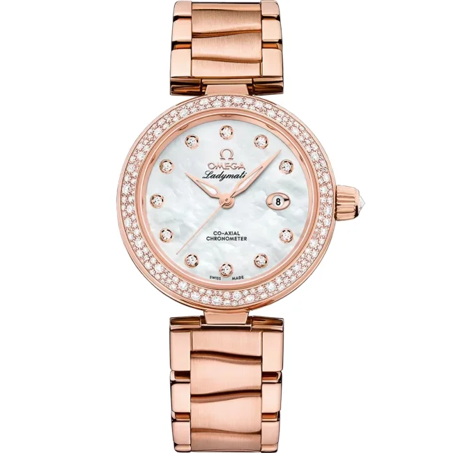 Omega De Ville Sedna Gold pembe altın, sedef kadranlı, pırlantalı kadın kol saati