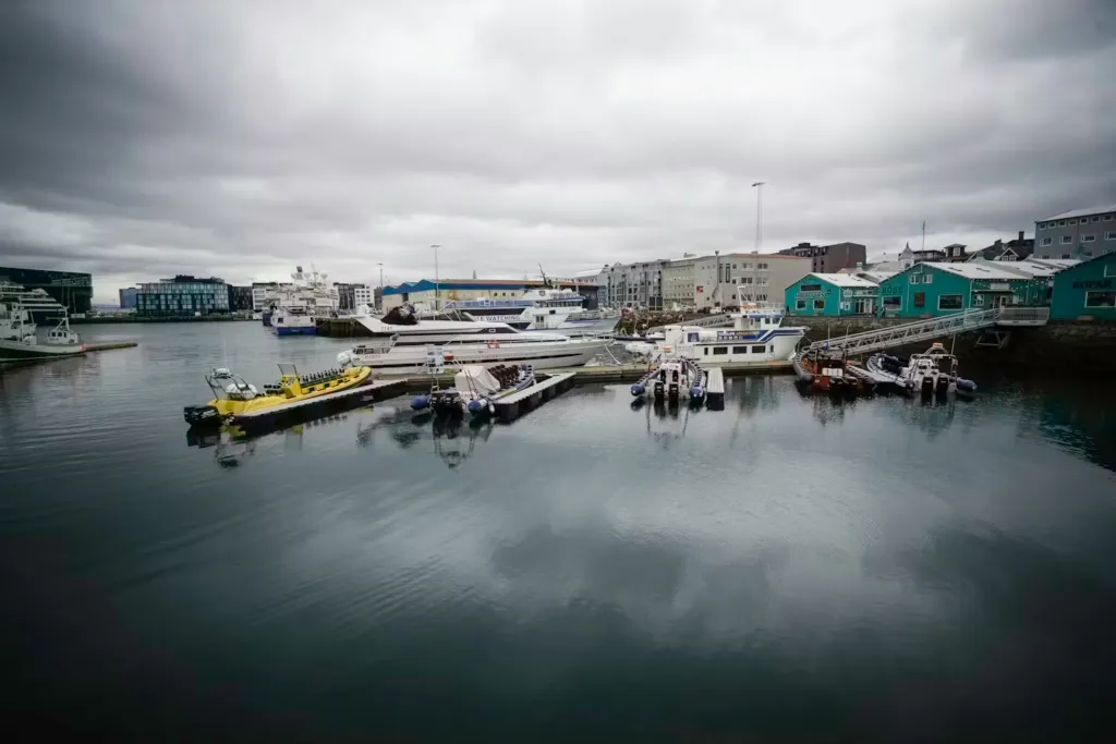 Reykjavik'in hareketli eski liman bölgesinde, gri ve bulutlu bir gökyüzünün altında demirlemiş birçok tekne ile çevrili, açık denize hazır bekleyen bir dizi modern gemi ve aralarında parlak sarı bir sürat teknesi yer alıyor, kıyıda ise renkli binalar bu dinamik manzarayı tamamlıyor; burası Reykjavik Seyahat Rehberi'nde mutlaka görülmesi gereken önemli duraklardan biri.