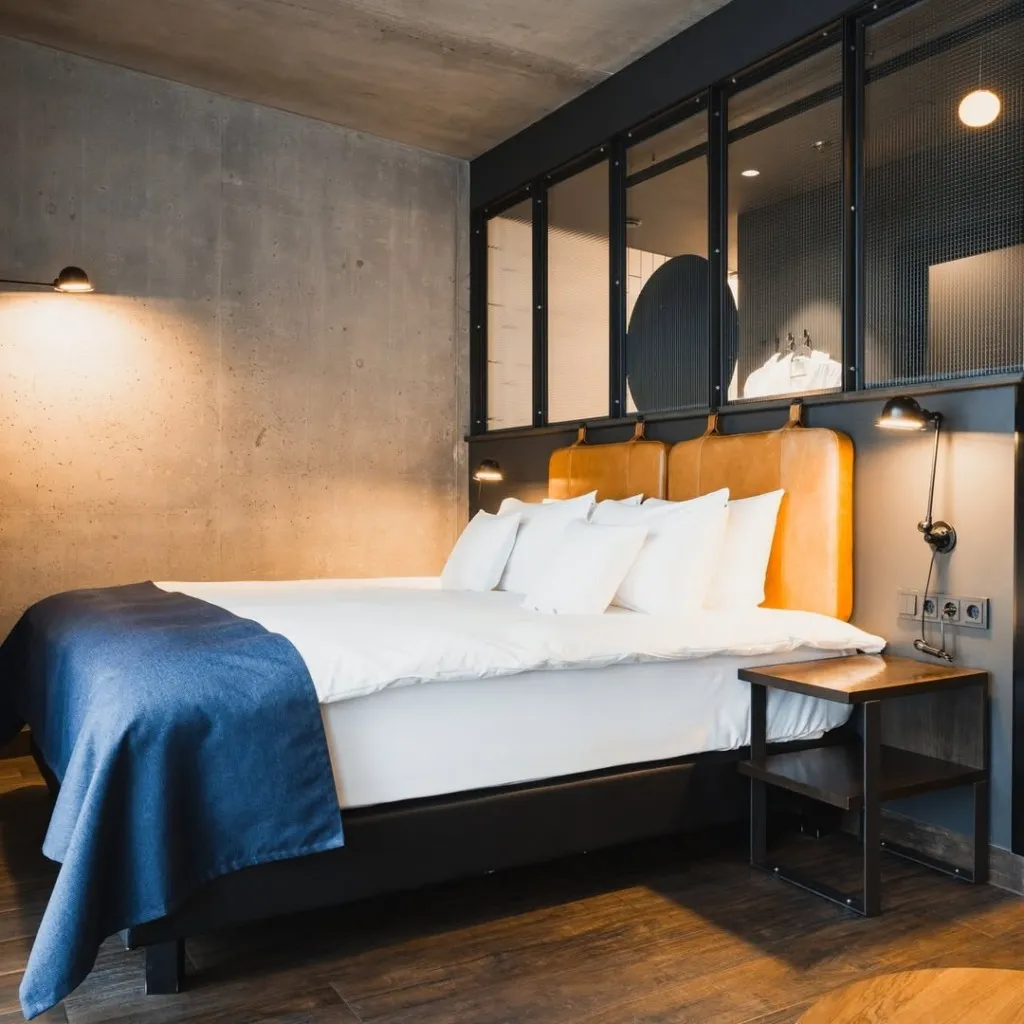Endüstriyel modern bir tasarıma sahip Reykjavik otel odası, betona yakın gri duvarları, karamel deri başlıklı yatağı, beyaz nevresimleri, lacivert pike örtüsü ve odanın bir bölümünü ayıran metal çerçeveli cam panelleriyle konforlu bir konaklama deneyimi sunuyor.