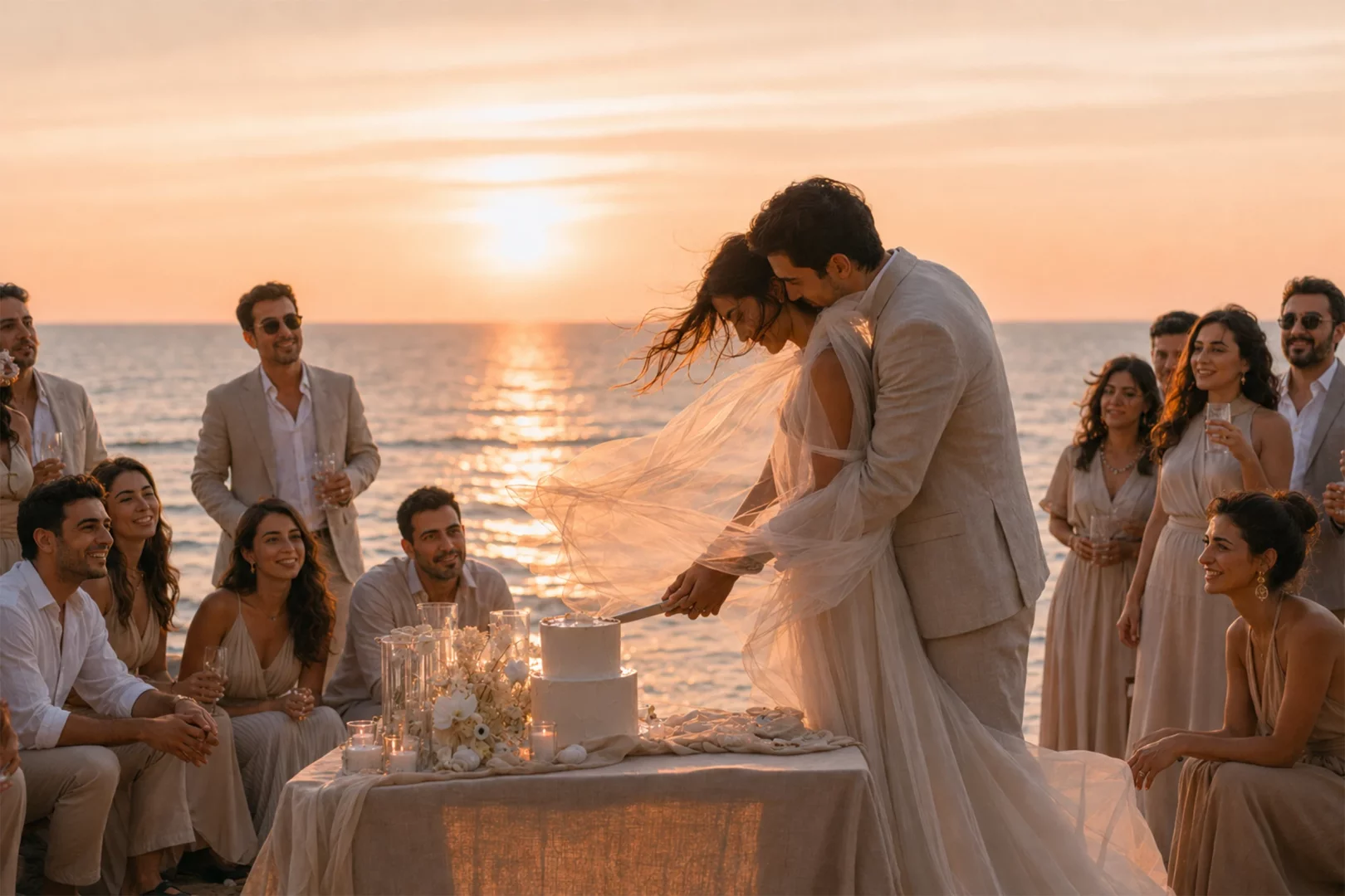 Gün batımında sahilde, gelin ve damat misafirlerin gülümsemeleri eşliğinde iki katlı beyaz düğün pastasını keserken, altın rengi ışık denizin üzerinde parlıyor ve romantik bir atmosfer yaratıyor.