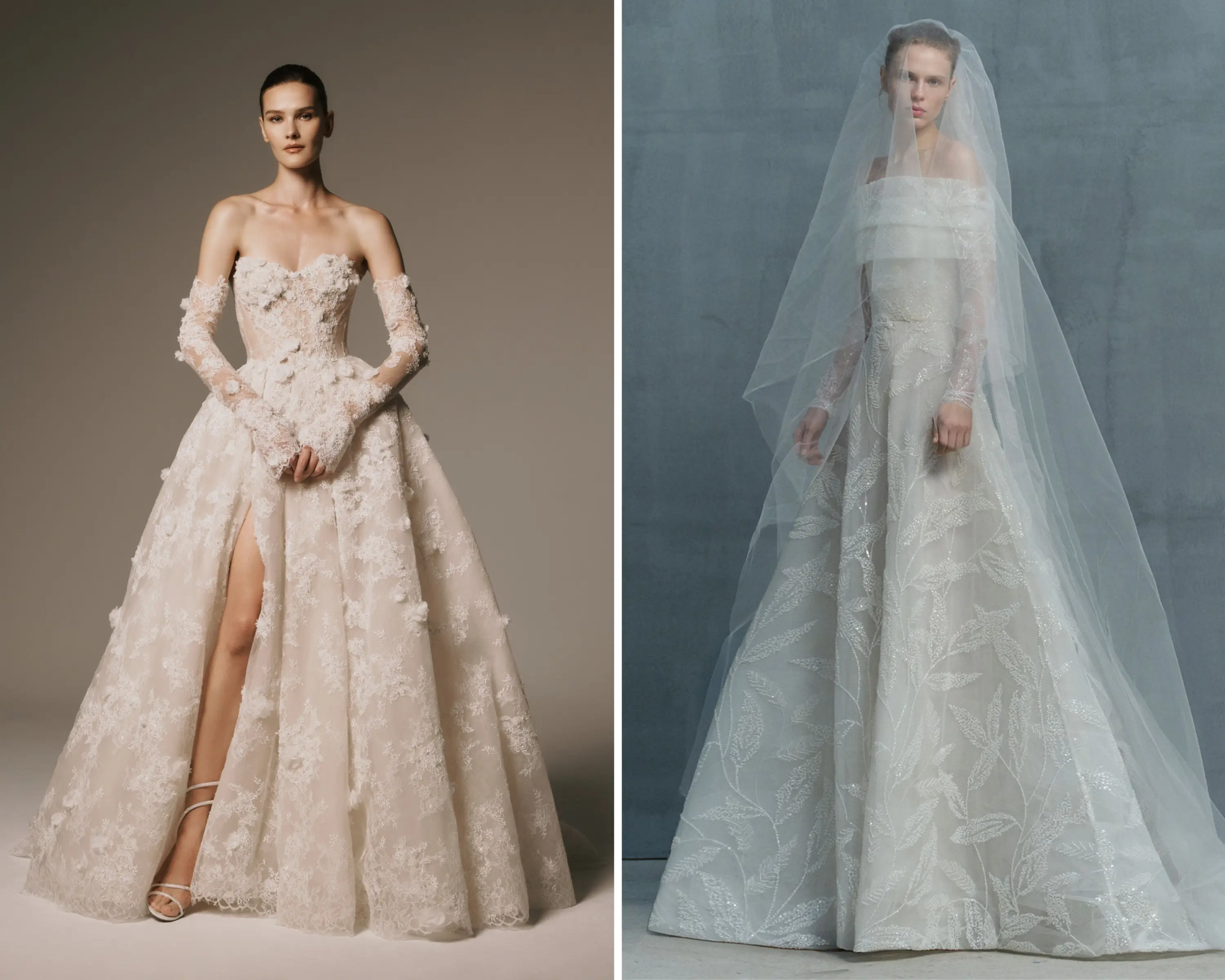 3D çiçek aplikeli yüksek yırtmaçlı dantel prenses gelinlik ile ışıltılı yaprak motifli off-shoulder A kesim gelinliğin birlikte yer aldığı görsel. 2026 gelinlik trendlerinde öne çıkan romantik, zarif ve modern bridal siluetleri bir arada sunan tasarımlar.