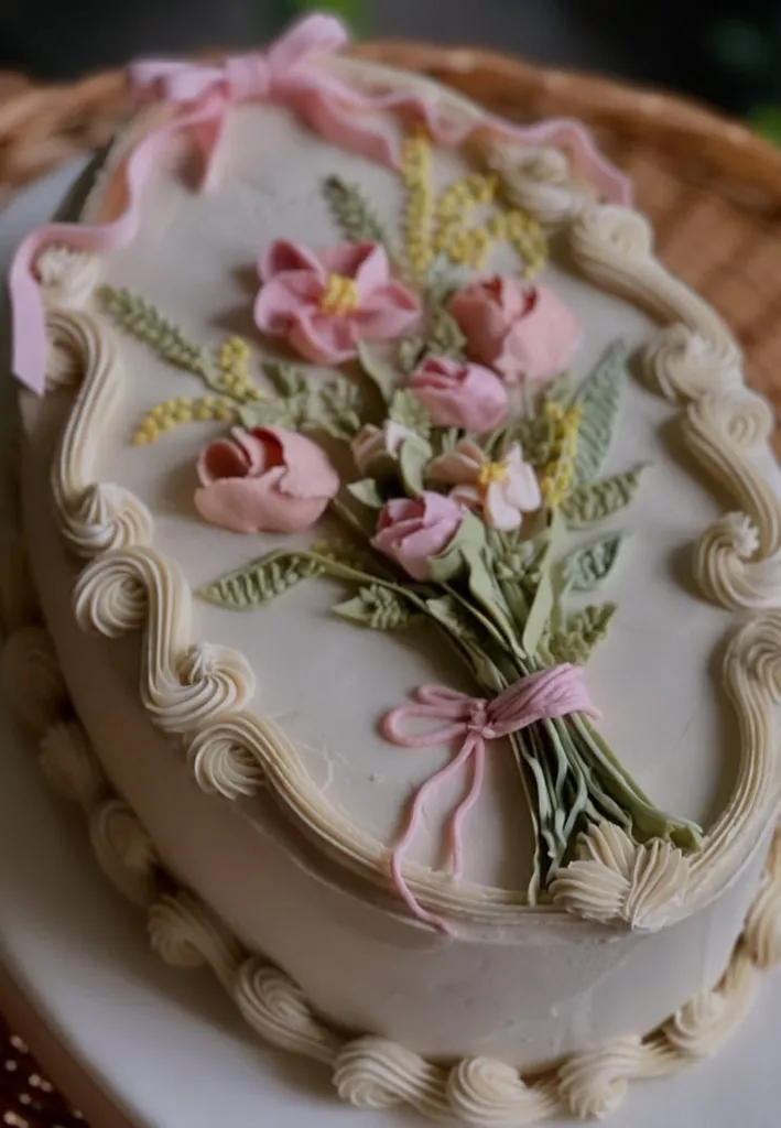 Vintage stil, oymalı krem kaplama ve pastel çiçek buketi detaylı oval düğün pastası tasarımı