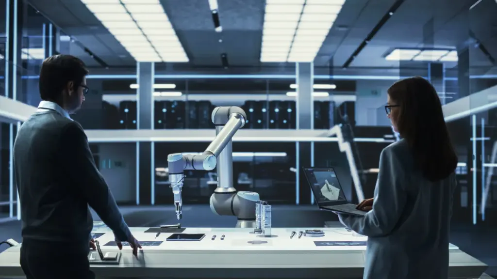 Gelişmiş robot koluyla çalışan iki profesyonelin yer aldığı modern laboratuvar; insan–makine ortaklığı ve yaratıcı üretimin yeni dönemi.