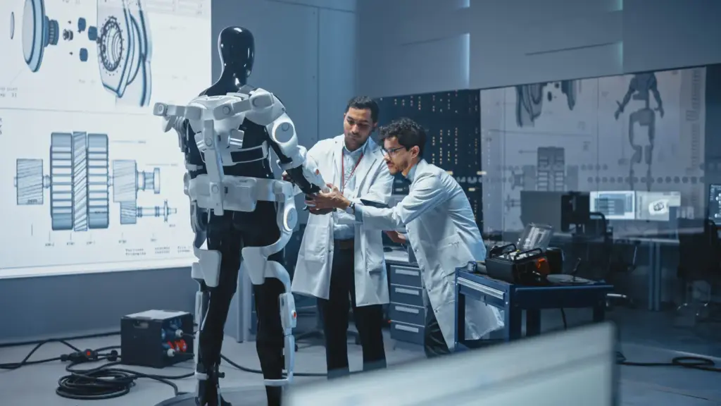 Laboratuvarda insansı robota müdahale eden iki mühendis; yapay zekâ destekli üretim, robotik inovasyon ve geleceğin iş gücü dönüşümünü gösteren sahne.
