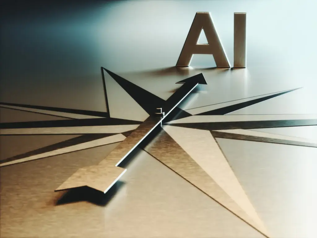 AI ibaresi bulunan pusula üzerinde yön belirleyen ok; yapay zekânın stratejik yönlendirme gücü ve 2026 iş dünyası trendleri ile yeni yol haritalarını ifade eden görsel.