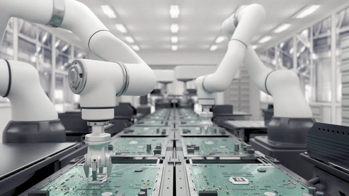 Endüstriyel robotların seri üretim yaptığı modern fabrika sahnesi; otomasyon, yapay zekâ destekli üretim ve geleceğin iş süreçleri.