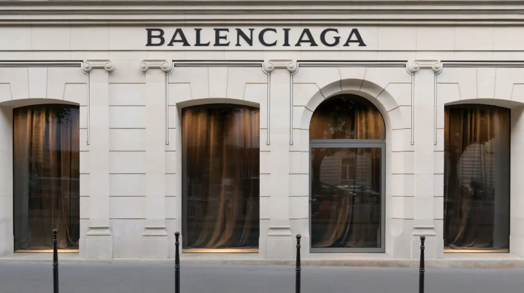 Balenciaga mağaza cephesini gösteren, minimal mimariye sahip lüks moda markası vitrin görüntüsü.