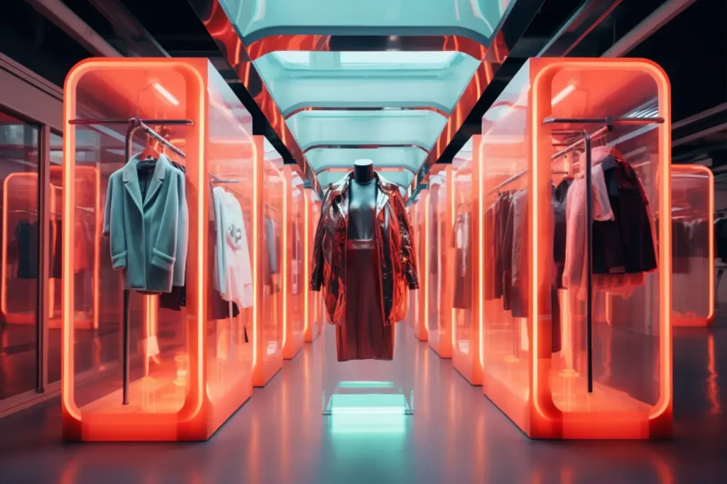 2026 moda trendleri içinde dijital moda deneyimlerini temsil eden neon ışıklı geleceksel showroom ve vitrin tasarımı.