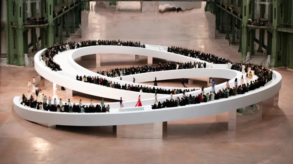 Chanel defilesinde büyük ölçekli spiral podyum üzerinde yürüyen modellerin yer aldığı ikonik moda şovu sahnesi.