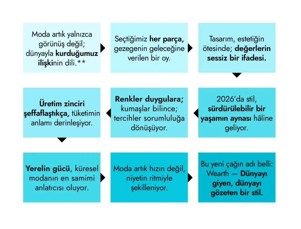 Sürdürülebilir moda ve Wearth kavramını anlatan akış şeması. 2026 moda vizyonu, şeffaf üretim, yerel güç ve bilinçli tüketim vurgusuyla 'Dünyayı giyen, dünyayı gözeten bir stil' manifestosu infografiği.