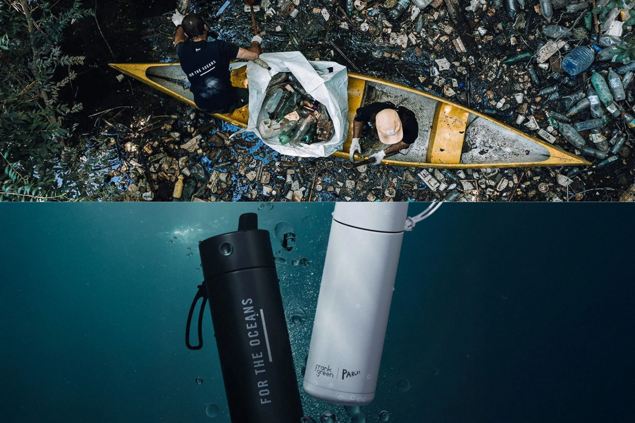 Plastik atıklarla dolu nehirde kano ile temizlik yapan gönüllüler ve Parley–Frank Green iş birliğiyle okyanus plastiklerinden üretilmiş iki sürdürülebilir mataranın su altı görünümü.