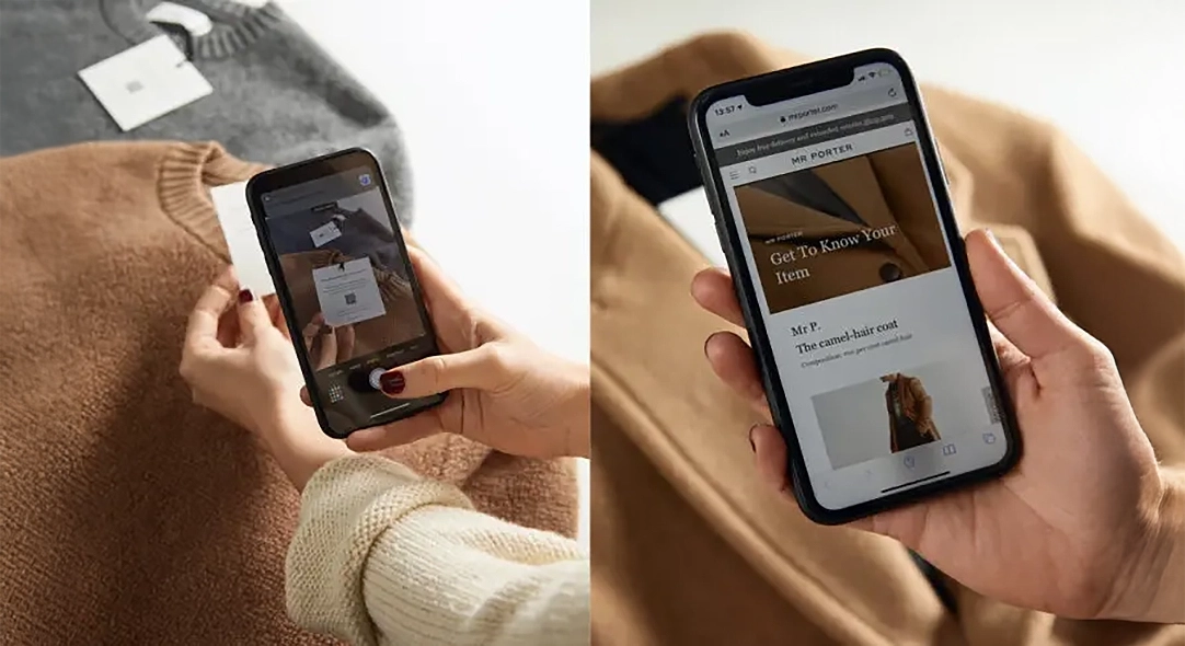Akıllı telefonla ürün etiketindeki QR kodunu tarayarak giysinin üretim bilgilerini görüntüleyen kullanıcı; moda sektöründe şeffaflık ve izlenebilirlik sağlayan dijital ürün pasaportu uygulaması.
