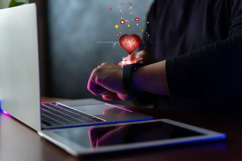 Giyilebilir sağlık teknolojilerini temsil eden akıllı saat üzerinden kalp ritmi verilerini inceleyen kişi; dizüstü bilgisayar ve tabletle desteklenen dijital sağlık takibi.