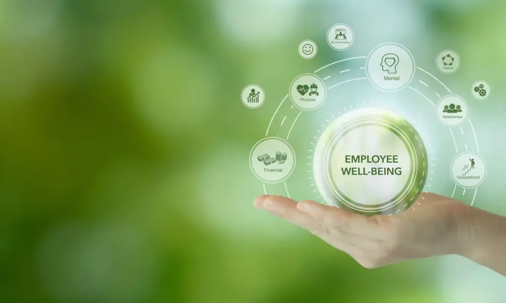 Çalışan wellbeing odaklı uygulamaları simgeleyen, elde taşınan ‘employee well-being’ ikonlu holografik dairesel arayüz.