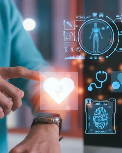 Geleceğin wellbeing teknolojilerini temsil eden holografik kalp simgesiyle akıllı cihaz üzerinden sağlık verisi görüntüleyen kişi.