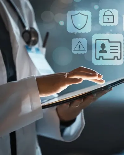 Etik veri yönetimi: doktorun tablet ekranında güvenlik ve gizlilik ikonlarını incelediği dijital sağlık görseli.