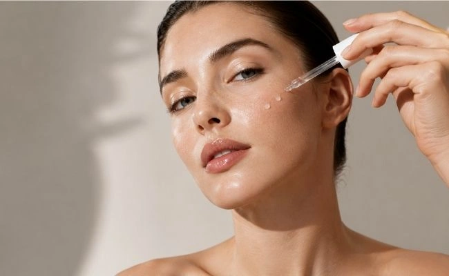 Parlak ve sağlıklı görünen cildine pipetle Niasinamid serum damlaları uygulayan, yüzünde belirgin ışıltılı nem damlaları olan bir kadın, bakışlarını kameraya çevirmiş şekilde cilt bakımı rutininin önemli bir adımını sergiliyor.