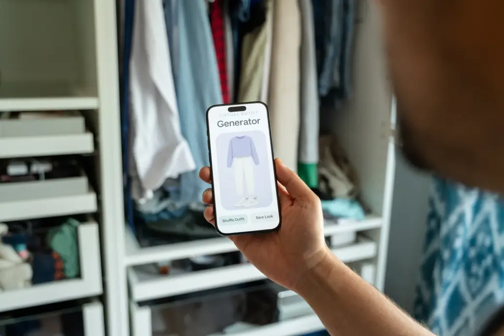 Akıllı telefonda kıyafet kombinleri oluşturan sanal gardırop uygulamasının ekranda göründüğü, arka planda açık bir dolap bulunan dijital moda ve sürdürülebilir stil planlama sahnesi.