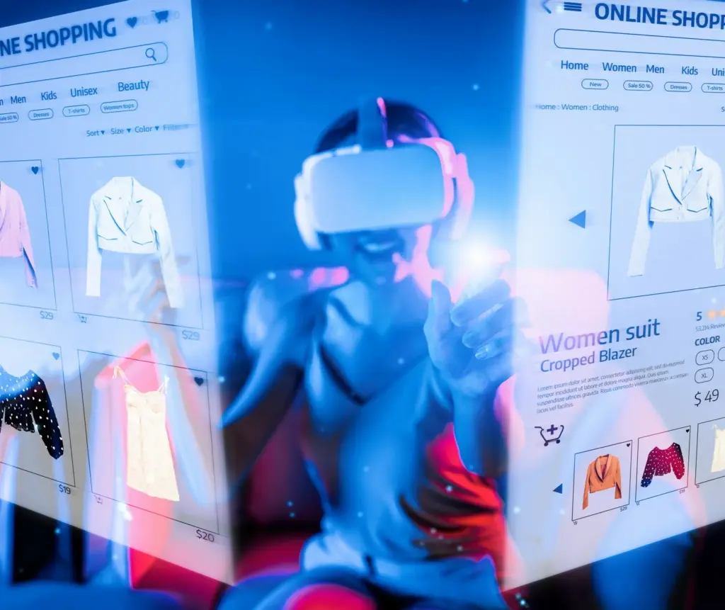 Sanal gerçeklik gözlüğüyle dijital mağazada kıyafet bakan kadın; VR teknolojisiyle artırılmış gerçeklikte çevrimiçi alışveriş deneyimi.