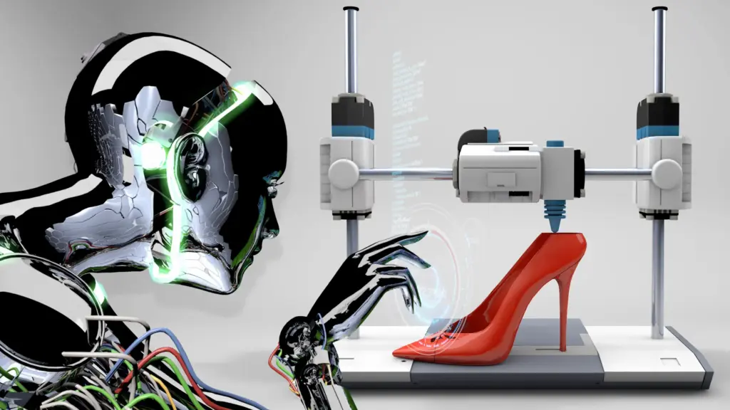 3D baskı teknolojisiyle üretilen ayakkabıyı ve yapay zekâ destekli dijital moda süreçlerini gösteren futuristik tasarım görseli.