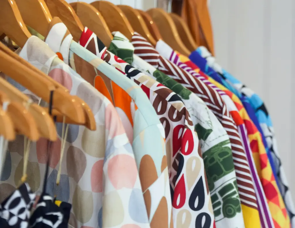 Renkli ve desenli gömleklerin askıda sergilendiği, canlı baskılarla öne çıkan retro moda seçkisi.