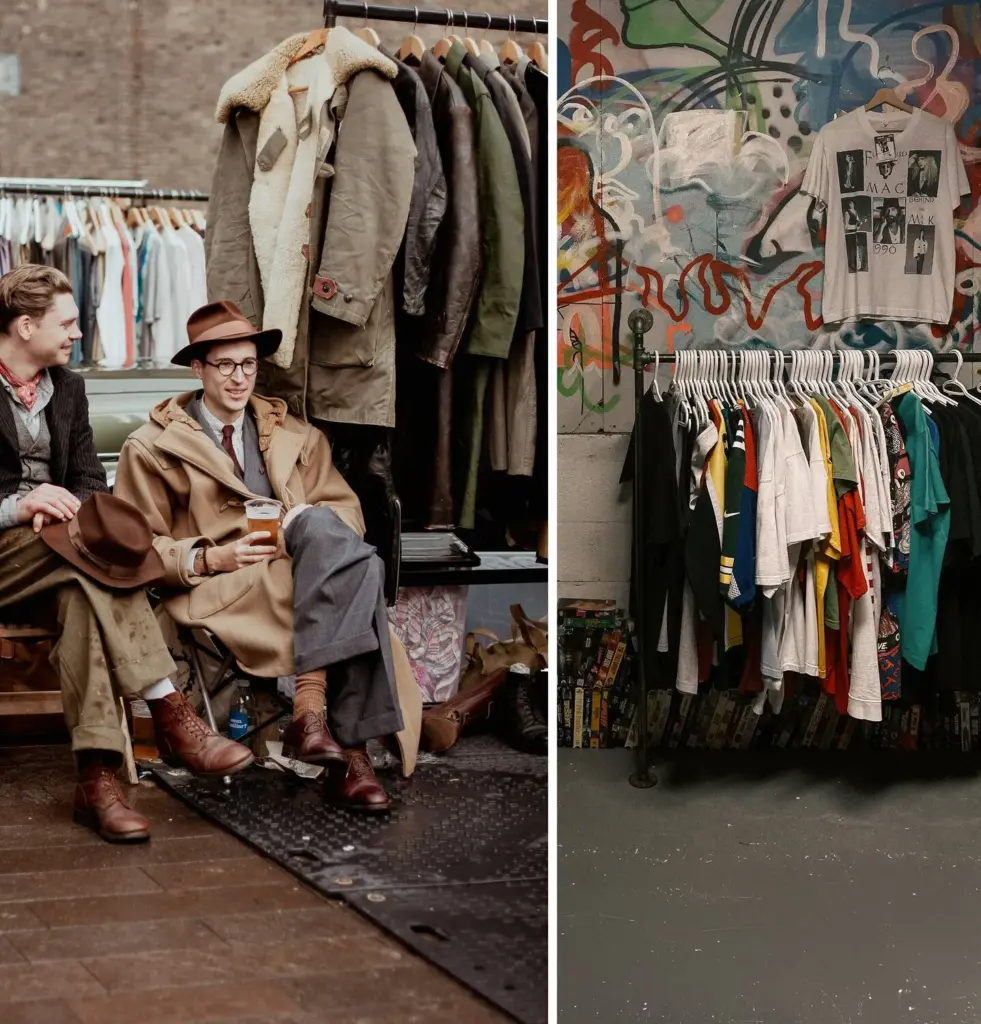 Vintage pazarda nostaljik ceketlerin sergilendiği tezgâh ile renkli ikinci el t-shirtlerin asılı olduğu duvar önünü gösteren sürdürülebilir moda odaklı iki görsel.
