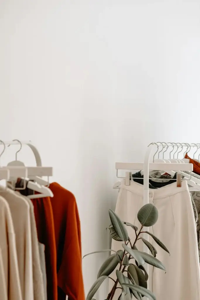 Nötr tonlarda minimalist kıyafetlerin askılarda sergilendiği, doğal ışık alan modern bir butik iç mekânı.