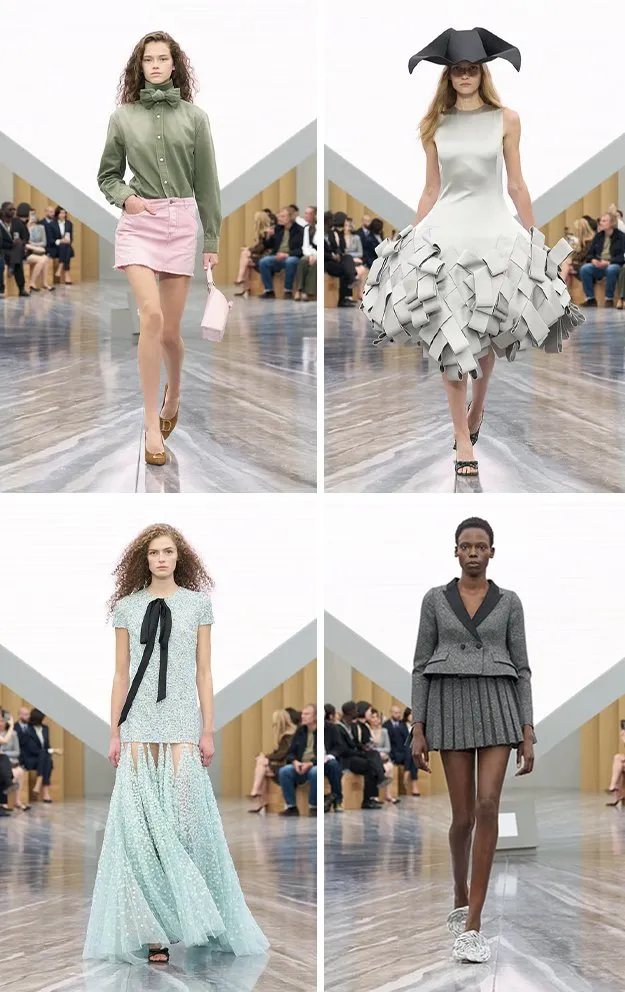 Dior defilesinde pastel tonlar, heykelsi silüetler ve modern dokularla tasarlanmış dört farklı look’un podyumda sergilendiği moda koleksiyonu görüntüsü.