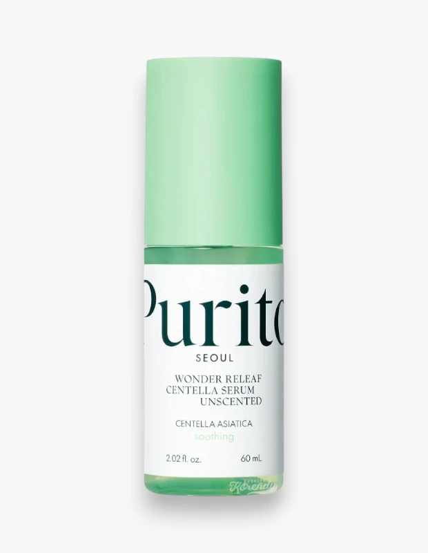 Beyaz bir zeminde dikey duran, üstünde açık yeşil renkli bir kapak bulunan ve alt kısmında aynı açık yeşil tonlarının görüldüğü, Purito Wonder Releaf Centella Serum Unscented etiketiyle ürünün içeriğini ve kokusuz özelliğini belirten 60 ml'lik Centella serum şişesi.