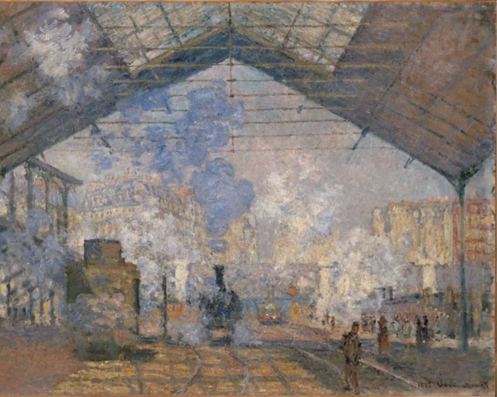Claude Monet’nin 1877 tarihli “Saint-Lazare Garı Serisi”nden bir tablo, Paris tren garında buhar ve ışık atmosferi