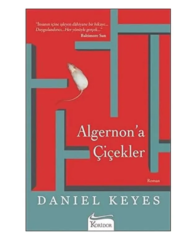 Kırmızı zemin üzerinde, teal renkli bir labirentin içinde beyaz bir farenin gösterildiği, Daniel Keyes'in bilim kurgu romanı Algernon'a Çiçekler'in kapak görseli, insan zekası üzerine yapılan deneyleri düşündüren derin bir tasarıma sahip.