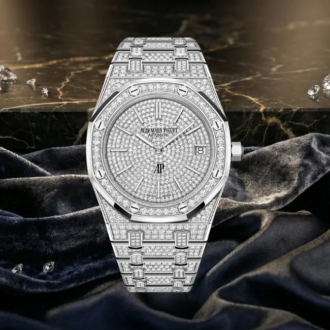 Audemars Piguet Royal Oak pırlantalı beyaz altın erkek kol saati