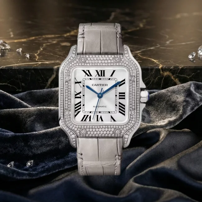 Cartier Santos De Cartier pırlanta bezel beyaz altın deri kayışlı erkek kol saati