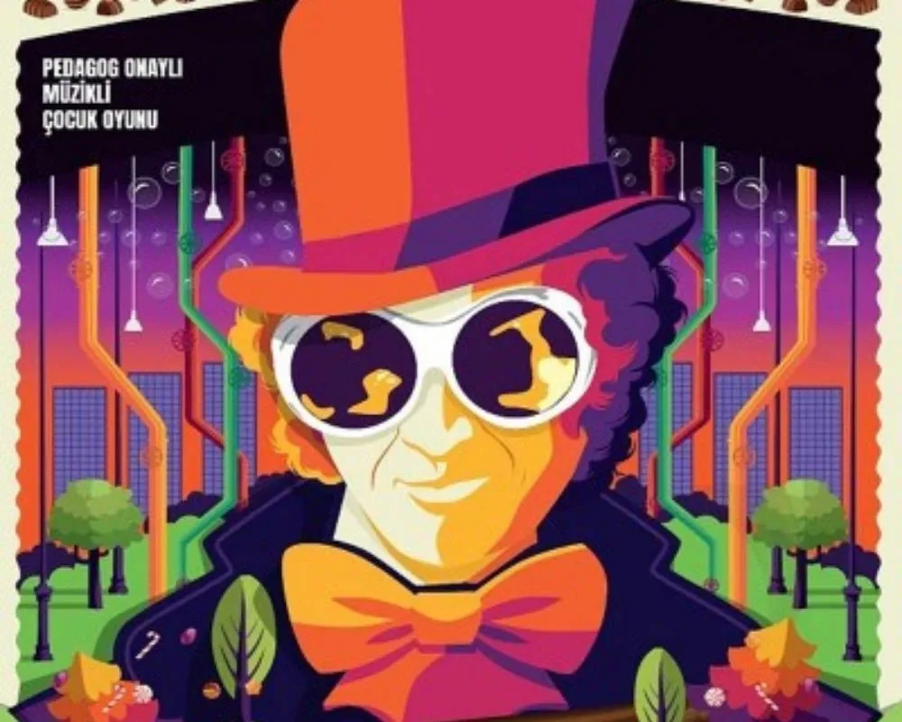 Pedagog onaylı müzikli oyunun afişinde Willy Wonka, renkli ve fantastik çikolata fabrikasının önünde durarak çocukları hayal dünyasındaki unutulmaz bir maceraya çağırıyor.