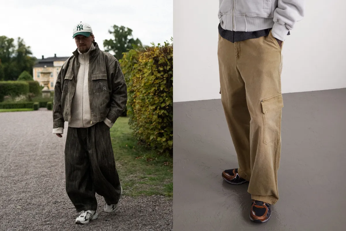 Sol görselde; Chunky koşu sneaker modeli, bol paça kargo pantolonla kombinlenerek kış sezonu için rahat, fonksiyonel ve trend odaklı bir sneaker stili sunuyor. Sağ görselde; Chunky sneaker’lar, oversize ceket, rahat kesim pantolon ve şapka ile tamamlanan gorpcore etkili kış kombininde günlük stilin konforlu ve güçlü yorumunu yansıtıyor.
