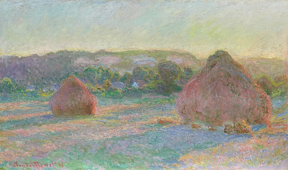 Claude Monet'nin ünlü İzlenimci Buğday Yığınları serisinden, alacakaranlıkta veya şafakta, mor, pembe ve yeşil tonlarının hakim olduğu pastoral bir kır manzarasında yer alan, belirgin fırça darbeleriyle resmedilmiş iki devasa buğday yığınını gösteren etkileyici bir yağlıboya tablo.