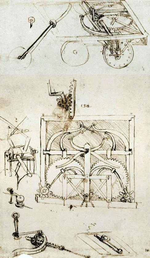 Leonardo Da Vinci'nin kendinden hareketli araba icatlarından birini belgeleyen, üstte aracın ana yapısını, altta ise dişliler ve kaldıraçlar gibi karmaşık mekanik parçalarını gösteren, eskimiş kağıt üzerine kahverengi mürekkeple çizilmiş detaylı bir plan.
