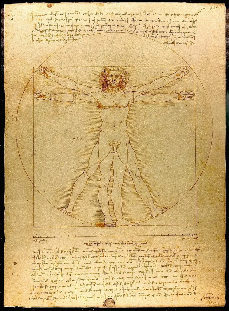 Eskimiş parşömen benzeri kağıt üzerinde, Leonardo da Vinci'nin Vitruvius Adamı çizimi, kolları yana ve yukarı açılmış, bacakları kapalı ve açık iki üst üste binen erkek figürünü bir kare ve bir daire içinde, detaylı anatomik oranlar göstererek tasvir ediyor; esere el yazısı notlar eşlik ediyor.