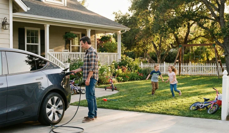 Amerikan tipi müstakil bir ev bahçesinde elektrikli Tesla otomobilini şarj eden baba ve bahçede oynayan çocuklar