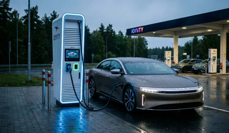 Elektrikli otomobil Lucid Air bulutlu ve yağışlı bir havada DC hızlı şarj istasyonunda şarj oluyor