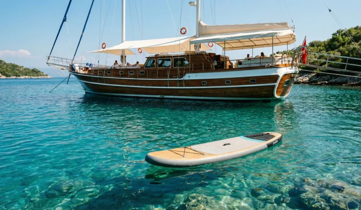Turkuaz renkli berrak bir koyda demirlemiş ahşap gulet ve ön planda su üzerinde duran bir paddleboard