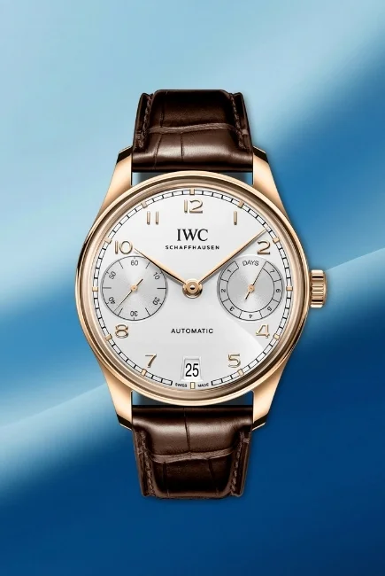 IWC Portugieser altın, deri kayışlı şık erkek kol saati, dress watch