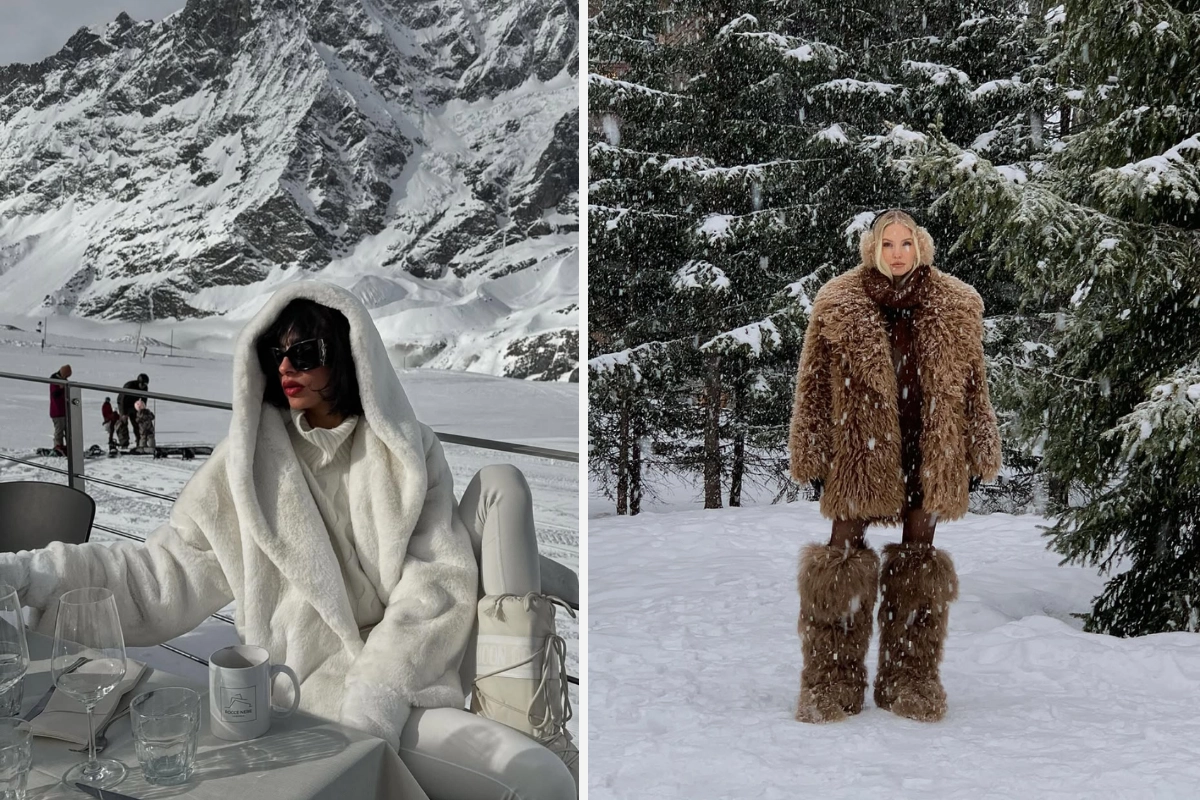 Sol görsel; Karlı dağ restoranında oturan kadın; beyaz kürk mont, beyaz pantolon ve güneş gözlüğüyle lüks après-ski ve kış tatili stili. Sağ görsel; Karlı orman fonunda kahverengi kürk mont ve peluş botlarla poz veren kadın; dramatik siluetli lüks après-ski kombini.