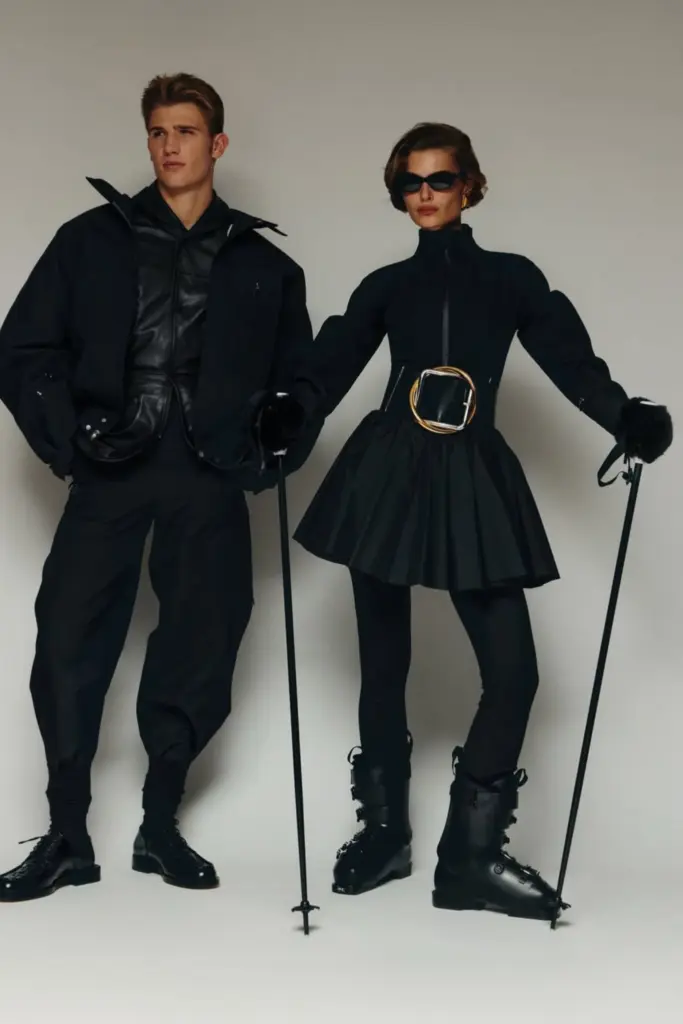Stüdyo çekiminde siyah kayak kombinleriyle poz veren kadın ve erkek; minimal, güçlü siluetlerle high-fashion kayak ve après-ski modası.