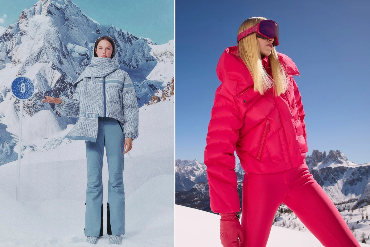 Sol tarafta; Karlı dağ fonunda poz veren kadın; açık mavi Dior kayak ceketi, atkı ve pantolonla lüks kayak modası ve sofistike après-ski stili. Sağ tarafta; Karlı dağ manzarasında pembe kayak montu ve pantolon giyen kadın; cesur renk paletiyle modern ve enerjik kayak stili.