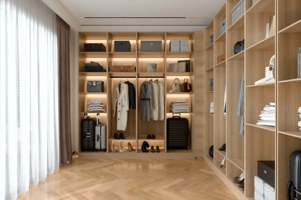Açık raflı, düzenli ve aydınlatmalı modern gardırop; minimal, sürdürülebilir gardırop düzeni ve kapsül dolap yaklaşımını yansıtan kıyafet ve aksesuar yerleşimi.