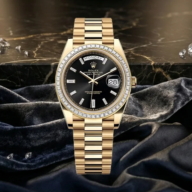 Rolex Day-Date 40 sarı altın pırlanta bezel, baget pırlanta kadranlı erkek kol saati