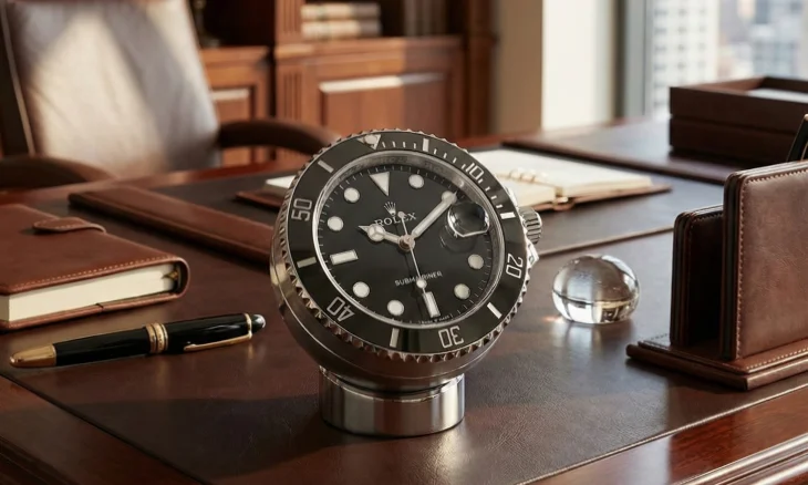 Rolex Submariner Date masa saatinin yakın plan görüntüsü; siyah kadran, paslanmaz çelik kasa ve detaylı saat yüzeyi.