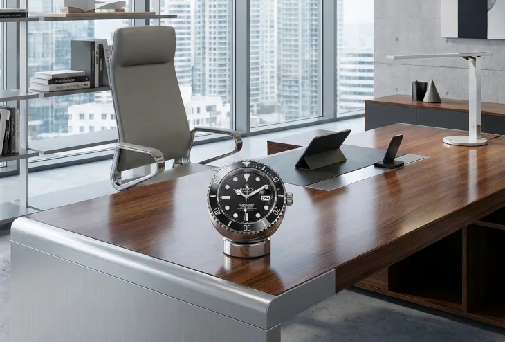 Rolex Submariner Date masa saati ofis ortamında ahşap masada gösteriliyor, siyah kadran ve çerçeve ile paslanmaz çelik tasarım görseli